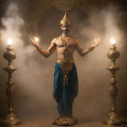 A genie emerging from an ornate, golden lamp, surrounded by an ethereal mist.