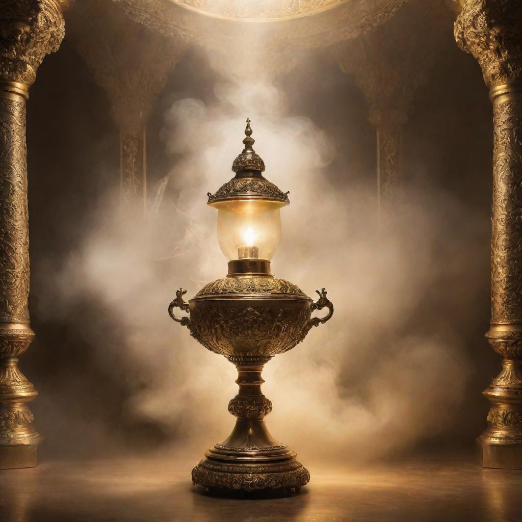 A genie emerging from an ornate, golden lamp, surrounded by an ethereal mist.