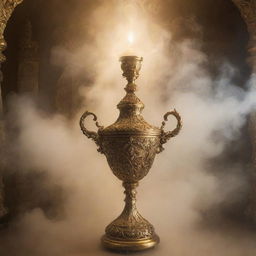 A genie emerging from an ornate, golden lamp, surrounded by an ethereal mist.