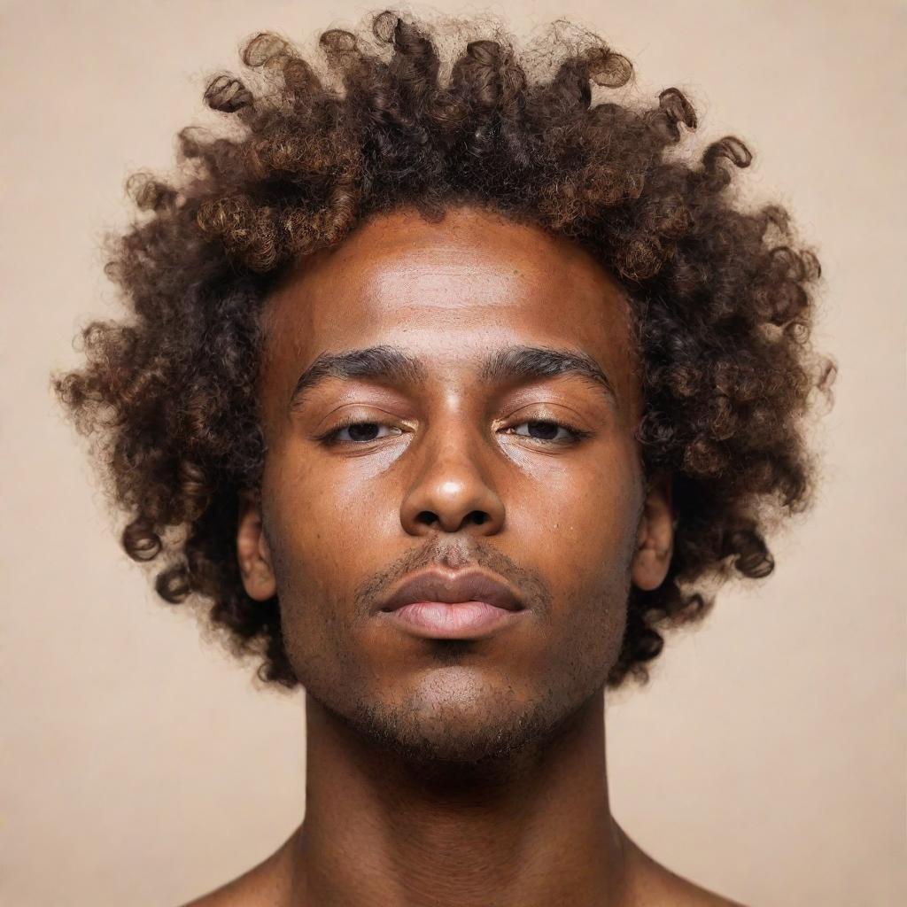 A highly abstract, minimalistic representation of a man with brown skin and curly hair falling over his forehead, reflecting sophistication and personality, suited for a profile picture.