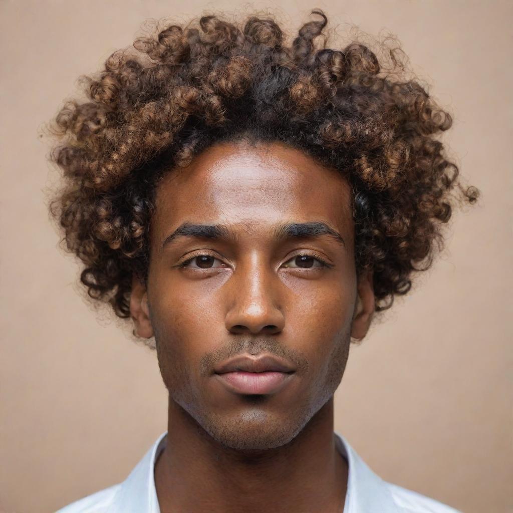 A highly abstract, minimalistic representation of a man with brown skin and curly hair falling over his forehead, reflecting sophistication and personality, suited for a profile picture.