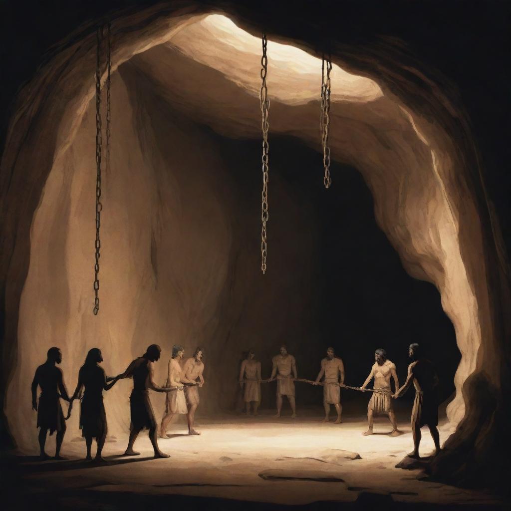 Realistically stylized cartoon scene from 380 BC: People inside an ancient cave, some refusing to leave, clinging to their chains amidst the shadows.