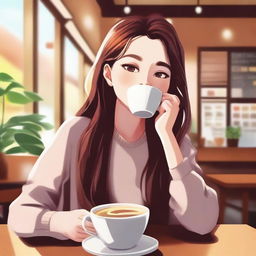 A girl drinking coffee in a cozy café