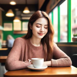 A girl drinking coffee in a cozy café