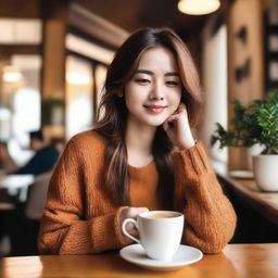 A girl drinking coffee in a cozy café