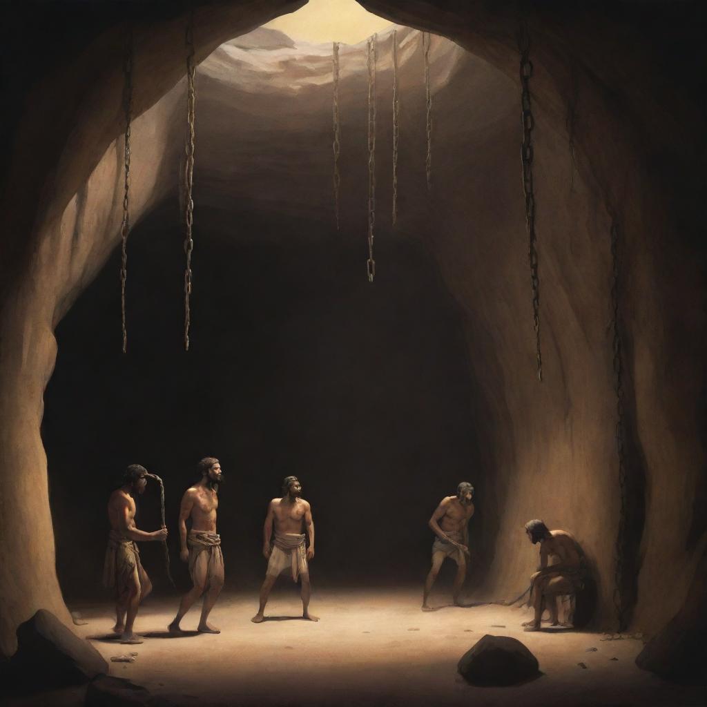 Realistically stylized cartoon scene from 380 BC: People inside an ancient cave, some refusing to leave, clinging to their chains amidst the shadows.