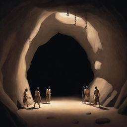 Realistically stylized cartoon scene from 380 BC: People inside an ancient cave, some refusing to leave, clinging to their chains amidst the shadows.