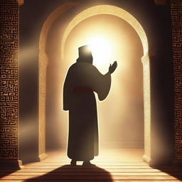 Generate an image of Prophet Ibrahim being sent to Babylon in the context of Islam, with his face obscured by a shining light