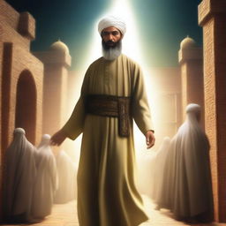 Generate an image of Prophet Ibrahim being sent to Babylon in the context of Islam, with his face obscured by a shining light