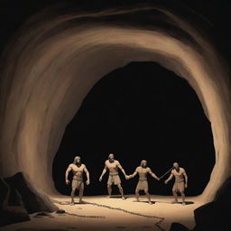 Realistically stylized cartoon scene from 380 BC: People inside an ancient cave, some refusing to leave, clinging to their chains amidst the shadows.