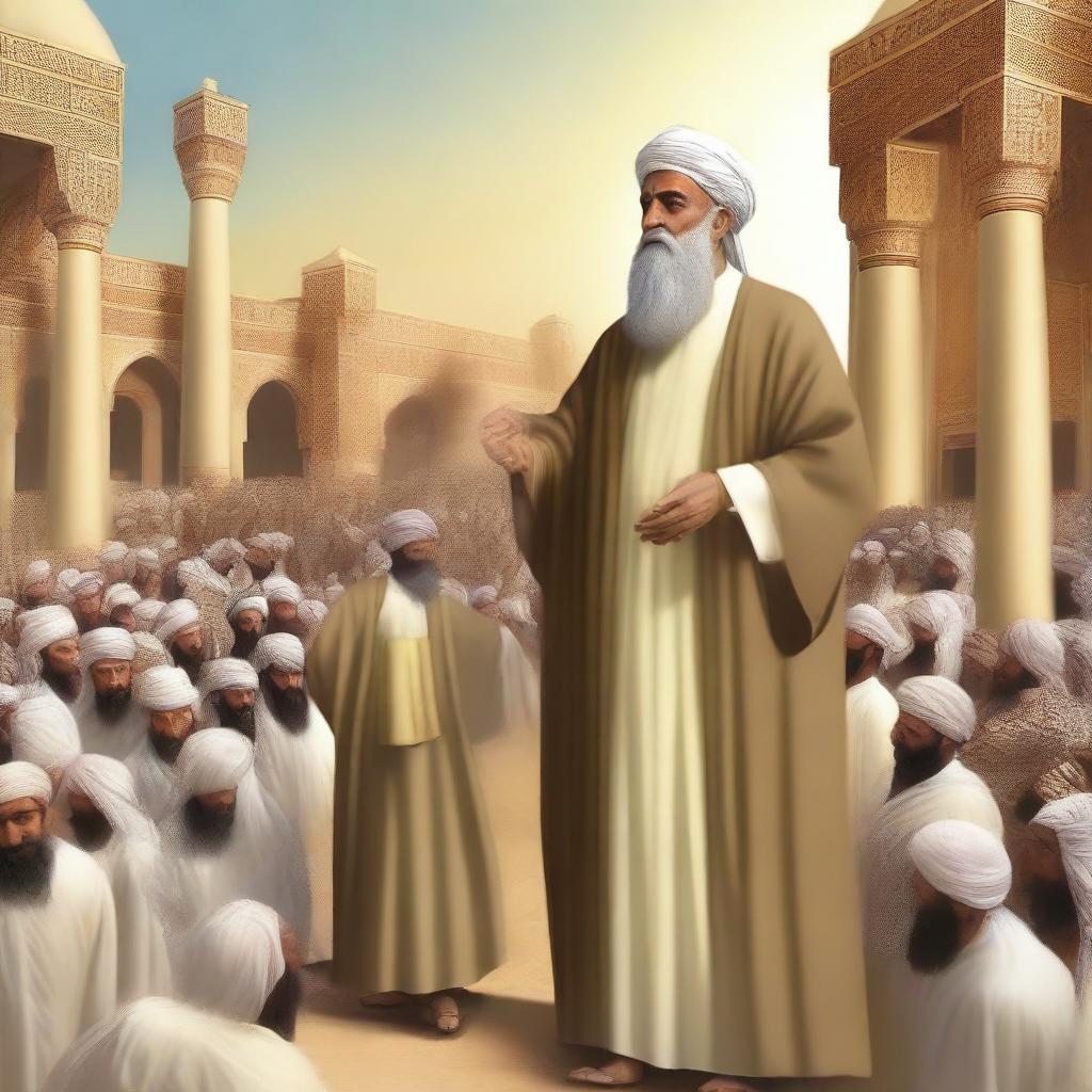 Create an image of Prophet Ibrahim preaching to his people in Babylon in the context of Islam