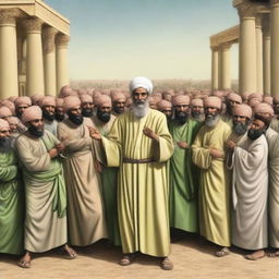 Generate an image of the people of Babylon mocking and ridiculing Prophet Ibrahim, calling him foolish