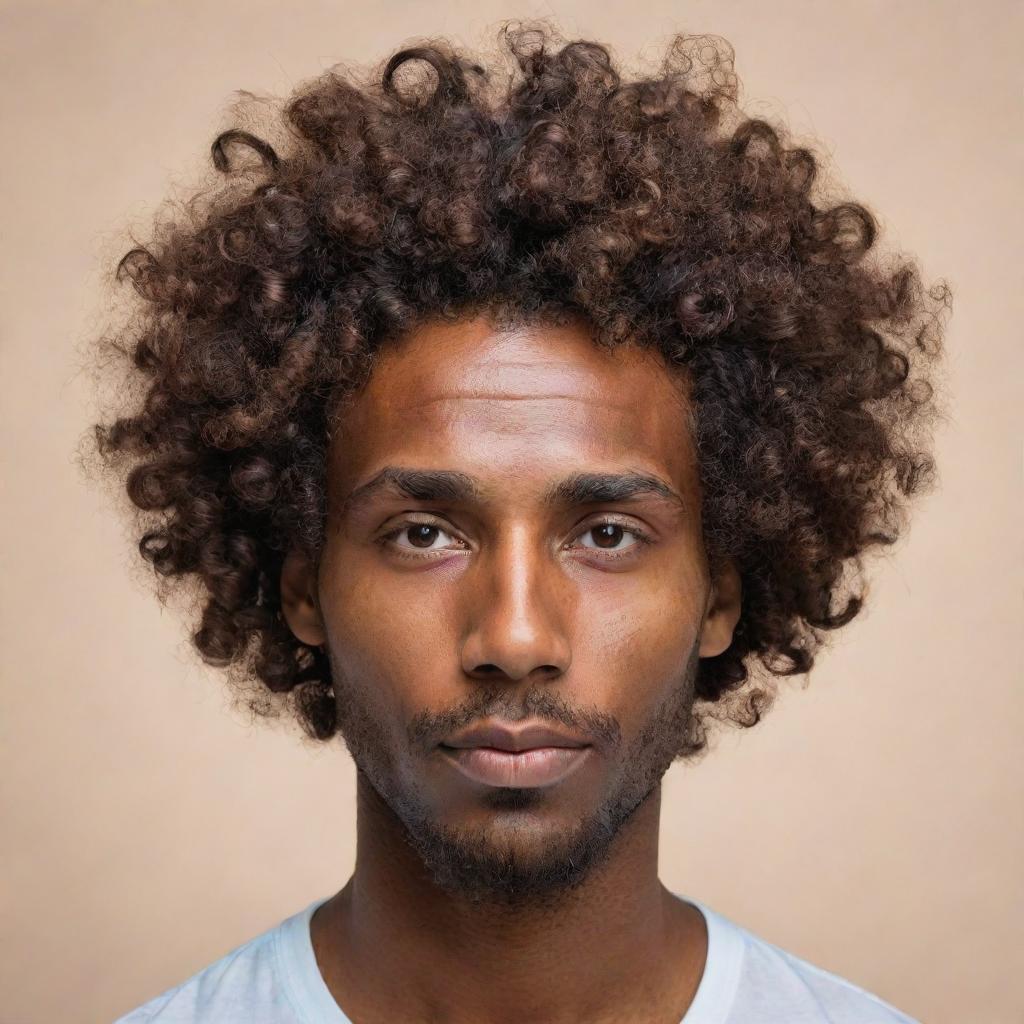 A highly abstract, minimalistic representation of a man with brown skin and curly hair cascading over his forehead, reflecting sophistication and personality, suitable for a profile picture.