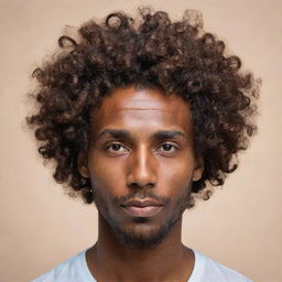 A highly abstract, minimalistic representation of a man with brown skin and curly hair cascading over his forehead, reflecting sophistication and personality, suitable for a profile picture.