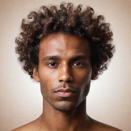 A highly abstract, minimalistic representation of a man with brown skin and curly hair cascading over his forehead, reflecting sophistication and personality, suitable for a profile picture.