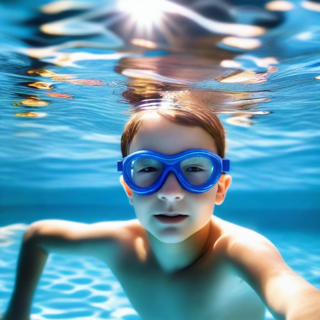 A young boy swimming in a clear blue pool