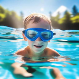 A young boy swimming in a clear blue pool