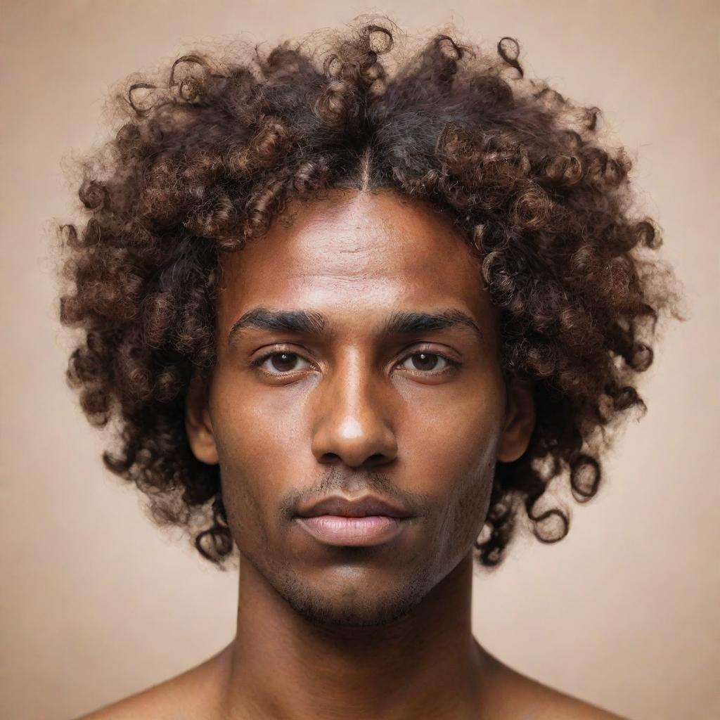 A highly abstract, minimalistic representation of a man with brown skin and curly hair cascading over his forehead, reflecting sophistication and personality, suitable for a profile picture.