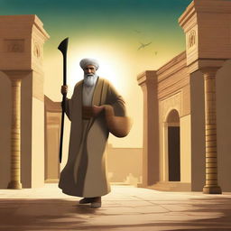 Create an image of Prophet Ibrahim going to a temple in the city of Babylon alone at night, carrying an axe, in the context of Islam