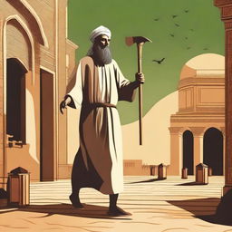 Create an image of Prophet Ibrahim going to a temple in the city of Babylon alone at night, carrying an axe, in the context of Islam