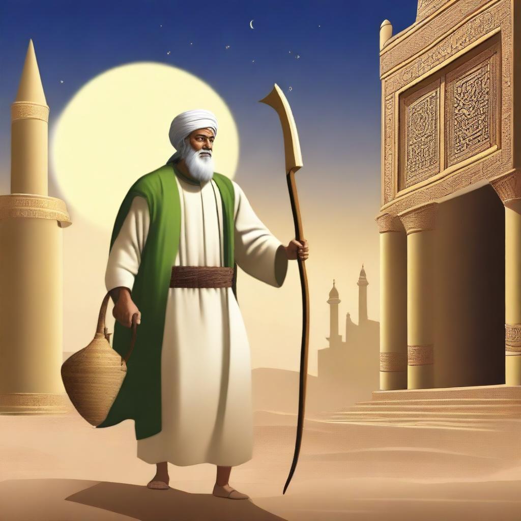 Create an image of Prophet Ibrahim going to a temple in the city of Babylon alone at night, carrying an axe, in the context of Islam