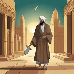 Create an image of Prophet Ibrahim going to a temple in the city of Babylon alone at night, carrying an axe, in the context of Islam