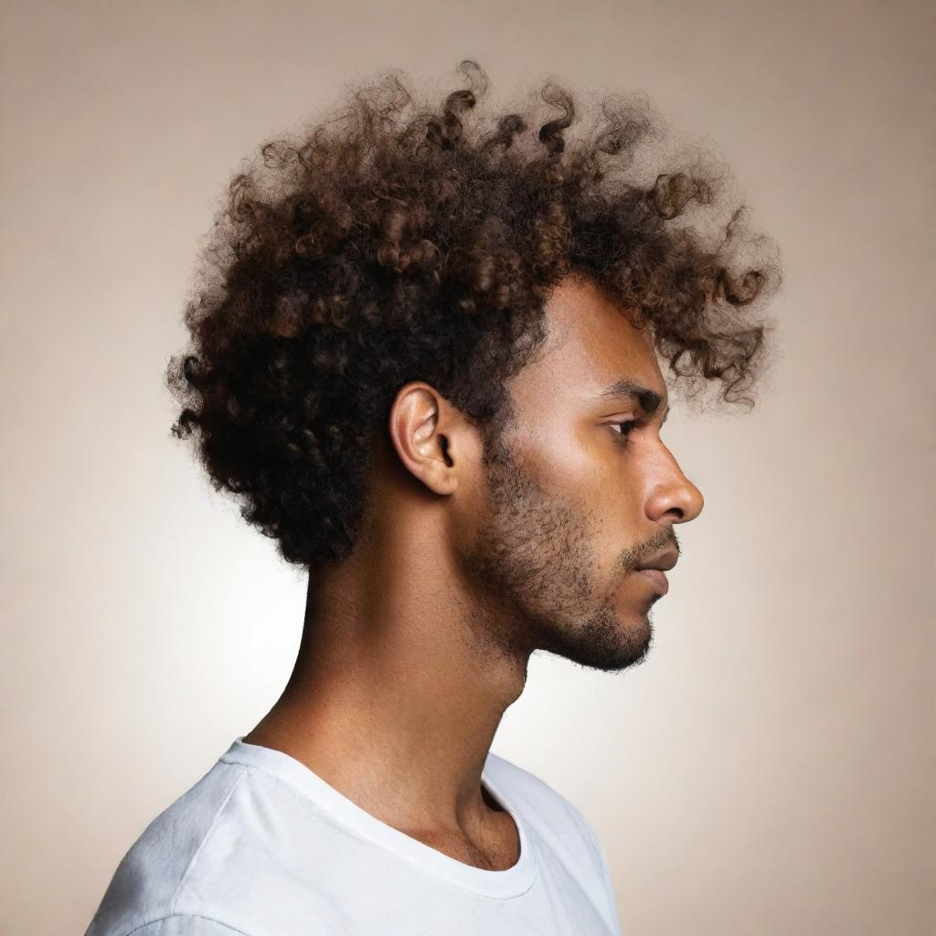 An ultra-abstract, minimalistic profile image of a man with brown skin and curly hair falling over his forehead, emphasizing his sophistication and personality, ideal for profile use.