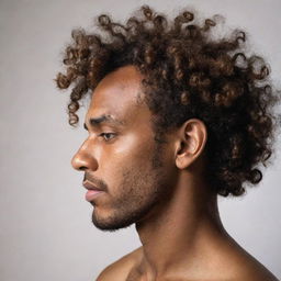 An ultra-abstract, minimalistic profile image of a man with brown skin and curly hair falling over his forehead, emphasizing his sophistication and personality, ideal for profile use.