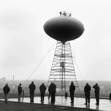 The film crew set up a mooring mast on the rooftop to film the dramatic airship scene.