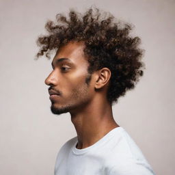 An ultra-abstract, minimalistic profile image of a man with brown skin and curly hair falling over his forehead, emphasizing his sophistication and personality, ideal for profile use.