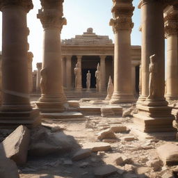 Create an image depicting the aftermath inside the temple, all the statues are broken into rubble, with only the large statue remaining intact