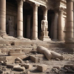 Create an image depicting the aftermath inside the temple, all the statues are broken into rubble, with only the large statue remaining intact