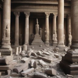 Create an image depicting the aftermath inside the temple, all the statues are broken into rubble, with only the large statue remaining intact