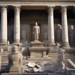 Create an image depicting the aftermath inside the temple, all the statues are broken into rubble, with only the large statue remaining intact