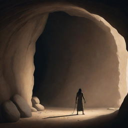 Realistically stylized cartoon scene from 380 BC: A solitary figure, once chained, moving out of the shadowy confines of the ancient cave to embrace freedom.