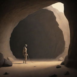 Realistically stylized cartoon scene from 380 BC: A solitary figure, once chained, moving out of the shadowy confines of the ancient cave to embrace freedom.