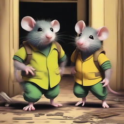 Two people searching for treasure in an abandoned house, suddenly caught by a mutant rat similar to Splinter from Teenage Mutant Ninja Turtles - the old and cute rat