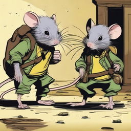 Two people searching for treasure in an abandoned house, suddenly caught by a mutant rat similar to Splinter from Teenage Mutant Ninja Turtles - the old and cute rat