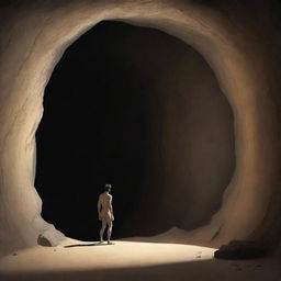 Realistically stylized cartoon scene from 380 BC: A solitary figure, once chained, moving out of the shadowy confines of the ancient cave to embrace freedom.