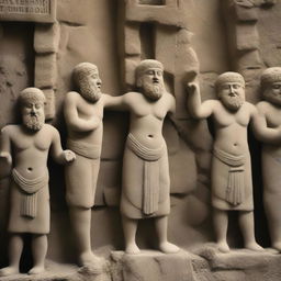 Create an image of the Babylonians expressing shock the next day as they discover their statues have been reduced to rubble