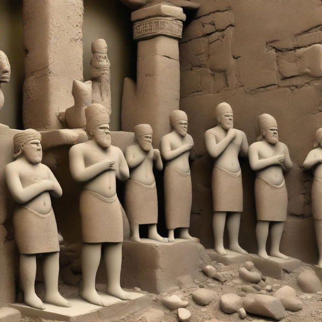 Create an image of the Babylonians expressing shock the next day as they discover their statues have been reduced to rubble