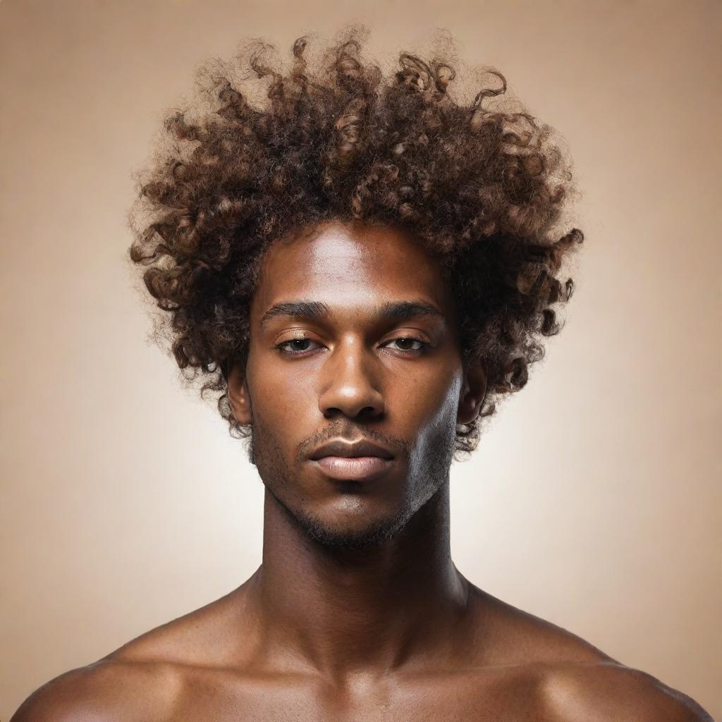 An ultra-abstract, minimalistic representation of a man with brown skin and curly hair falling prominently over his forehead, reflecting sophistication and personality, ideal for profile use.