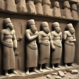 Create an image of the Babylonians expressing shock the next day as they discover their statues have been reduced to rubble