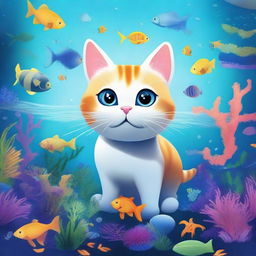 A cat exploring the depths of the ocean, surrounded by various sea creatures and underwater flora.