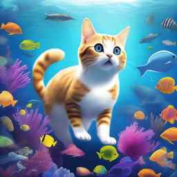 A cat exploring the depths of the ocean, surrounded by various sea creatures and underwater flora.