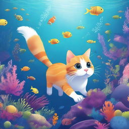 A cat exploring the depths of the ocean, surrounded by various sea creatures and underwater flora.