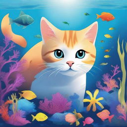 A cat exploring the depths of the ocean, surrounded by various sea creatures and underwater flora.