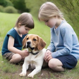 A heartbreaking scene where a dog has been poisoned and two children are desperately searching for a cure to save their beloved pet