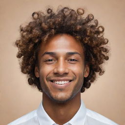 An ultra-abstract, minimalistic representation of a man with brown skin and curly hair falling over his forehead, portraying a sense of sophistication, personality and a smiling expression, ideal for profile use.