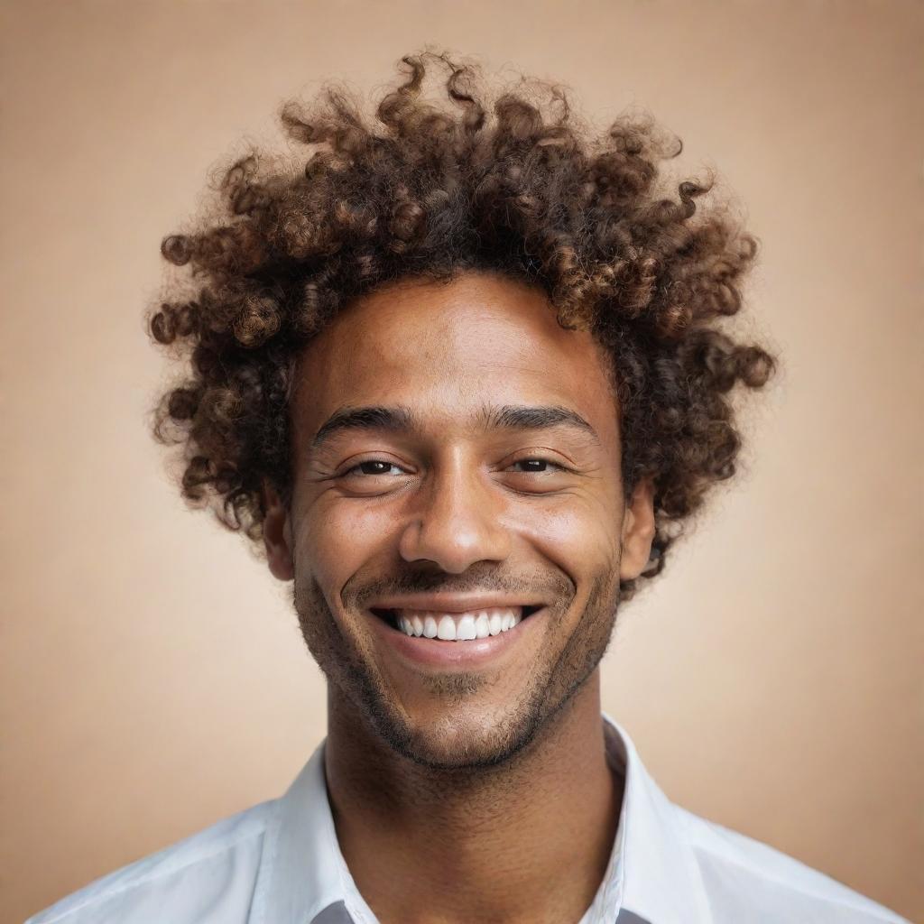 An ultra-abstract, minimalistic representation of a man with brown skin and curly hair falling over his forehead, portraying a sense of sophistication, personality and a smiling expression, ideal for profile use.